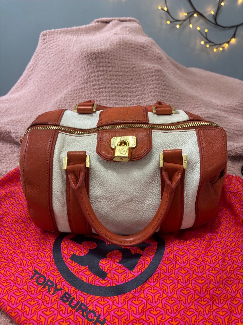 Tory Burch White and Tan Leather Barrel Satchel with Gold Hardware